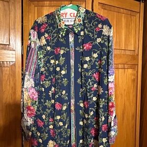 John Mark Navy Embroidered Floral Shirt with Multicolor Accents